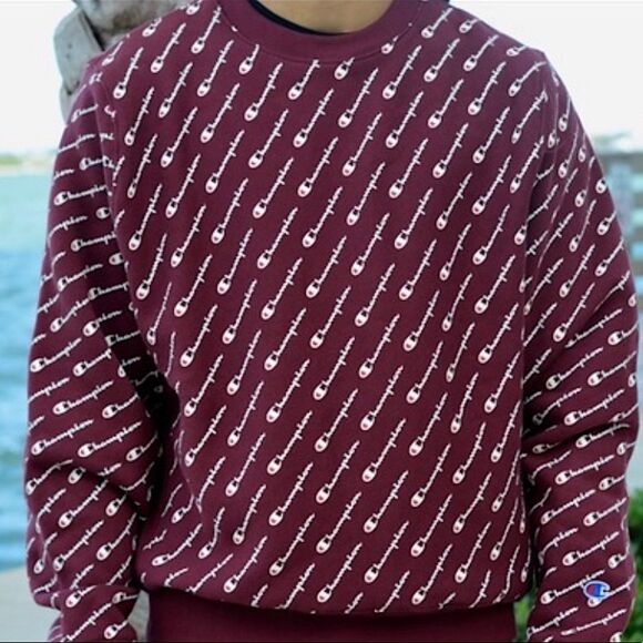 CHAMPION REVERSE WEAVE AOP CREWNECK SWEATSHIRT XS Burgundy Maroon Men’s Unisex - Picture 2 of 11